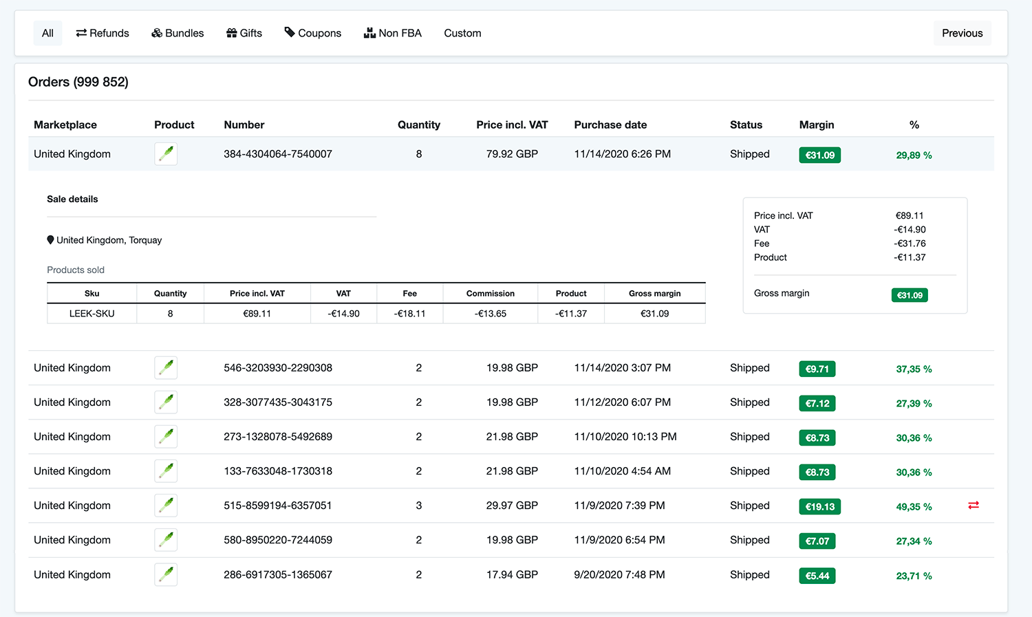 Suivi des commandes pour vendeur Amazon sur Tamarin
